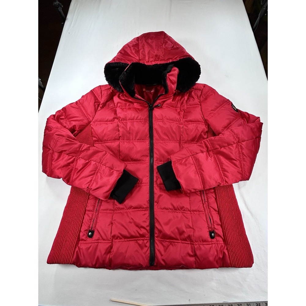 Slow Down Women's XL Lightweight Hooded Down Puffer Jacket Red Thumb Holes Ski
